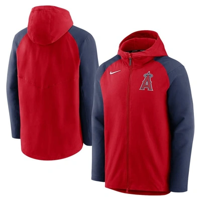Nike Men's  Red, Navy Los Angeles Angels Authentic Collection Performance Raglan Full-zip Hoodie In Red,navy