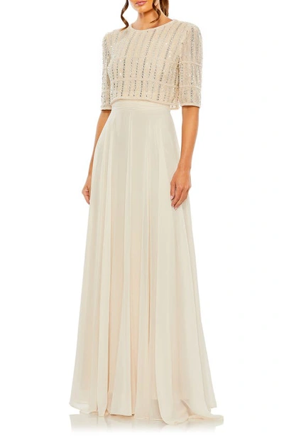 Mac Duggal Beaded Bodice Chiffon A-line Gown In Champagne