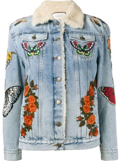 Gucci Women's Embroidered Denim Shearling Jacket In Blue