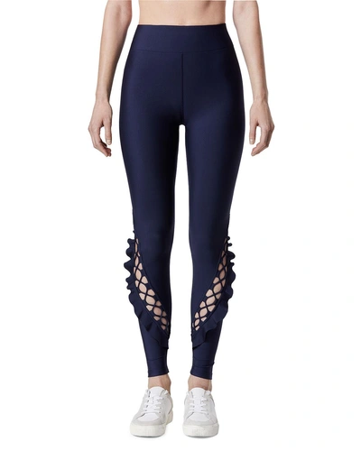 Carbon38 Lace-up Ruffle Full-length Leggings In Navy