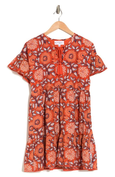 Maisie Yessie Floral Cotton Babydoll Dress In Orange Navy Flower Print