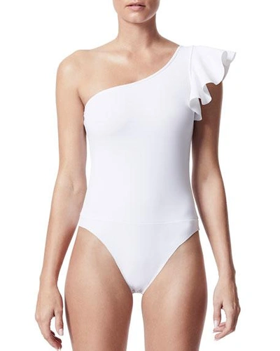Carbon38 One-shoulder Ruffle One-piece Bodysuit In White