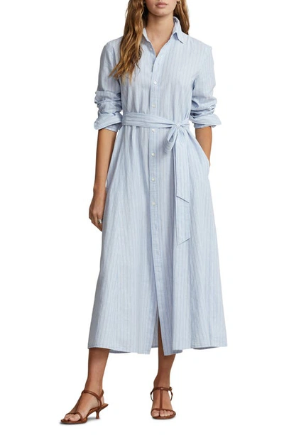 Polo Ralph Lauren Belted Striped Linen-cotton Shirtdress In Blue/ White Multi Stripe