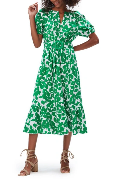 Diane Von Furstenberg Lindy Two-tone Puff-sleeve Midi Shirtdress In Flora Nocturna Green