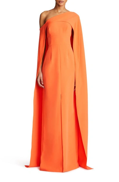 Halston Elycia One-shoulder Crepe Cape Gown In Red Orange