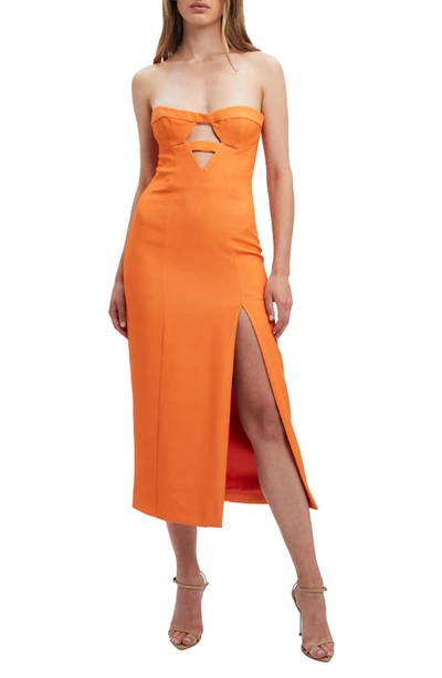 Bardot Brisa Bandeau Midi Dress With Split In Orange
