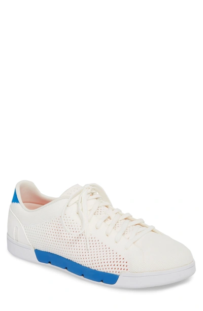 Swims Breeze Tennis Washable Knit Sneaker In White/ Blitz Blue Fabric
