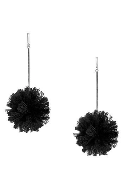 Tuleste Lace Pom Pom Earrings In Silver/ Black