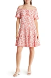 Max Studio Off-the-shoulder Tiered Dress In Coral Wavy Poppy