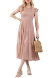 Blu Pepper Flutter Sleeve Smocked Tiered Midi Dress In Blush