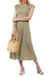 Blu Pepper Flutter Sleeve Smocked Tiered Midi Dress In Light Olive