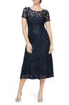 Sl Fashions Cap Sleeve Metallic Lace Dress In Navy