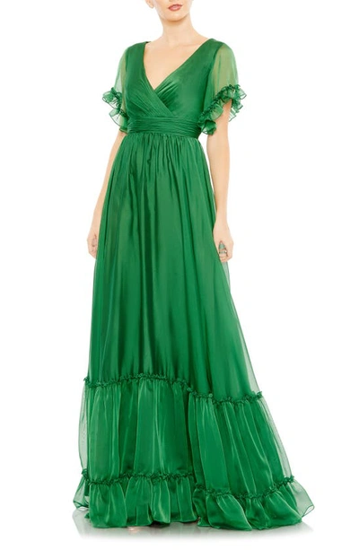 Mac Duggal Butterfly Ruffle Trimmed A-line Gown In Emerald