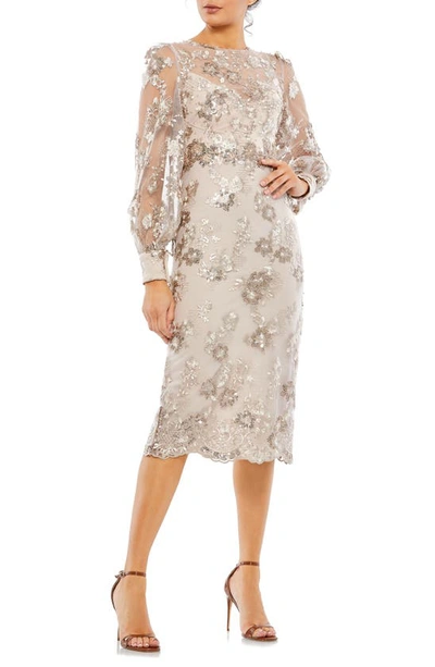 Mac Duggal Sequin Floral Long Sleeve Cocktail Dress In Mocha