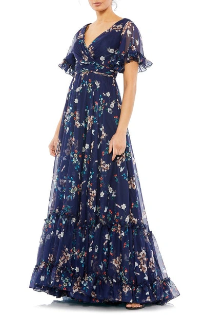 Mac Duggal Floral Flounce Sleeve A-line Gown In Navy Multi