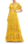 Mac Duggal Floral Flounce Sleeve A-line Gown In Yellow Multi