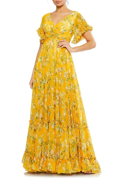 Mac Duggal Floral Flounce Sleeve A-line Gown In Yellow Multi