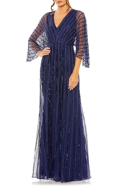 Mac Duggal Beaded Stripe A-line Gown In Navy