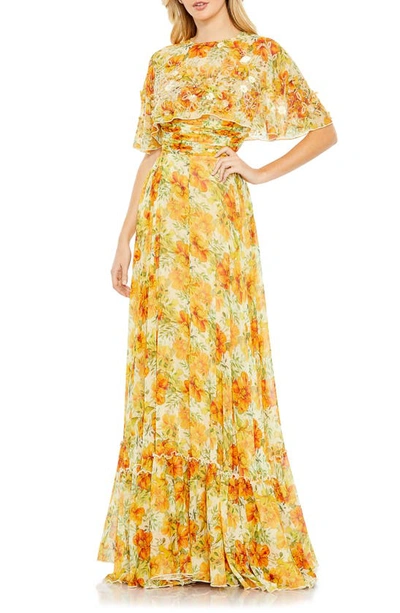Mac Duggal Floral Print Capelet Gown In Yellow Multi