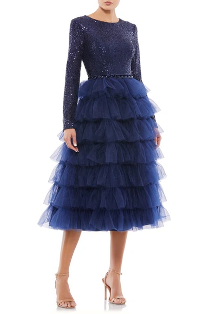 Mac Duggal Sequin Tiered Long Sleeve Tulle Cocktail Dress In Midnight