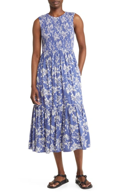 Treasure & Bond Smocked Sleeveless Midi Dress In Navy- Yellow Bouquet Floral