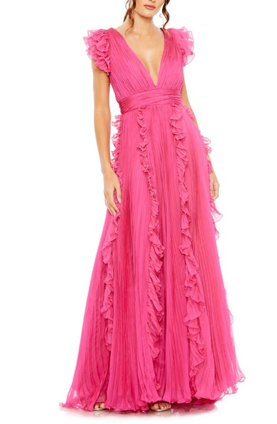 Mac Duggal Pleated Ruffle Cap Sleeve Chiffon Gown In Fuchsia