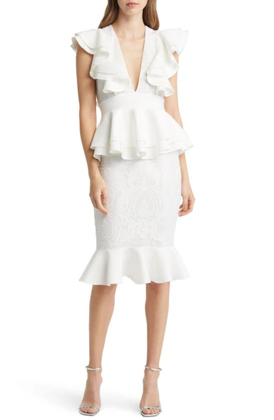 Bebe Ruffle Peplum Lace Cocktail Dress In White