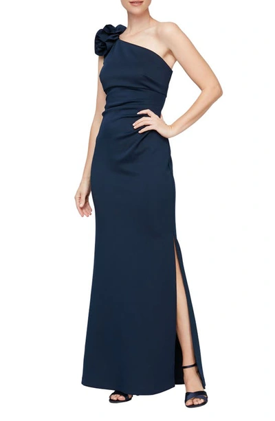 Sl Fashions Floral Detail One-shoulder Gown In Navy