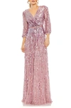 Mac Duggal Sequin Surplice Tulle Gown In Mauve