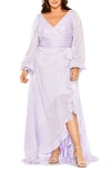 Mac Duggal Metallic Stripe Long Sleeve Wrap Front Gown In Lilac