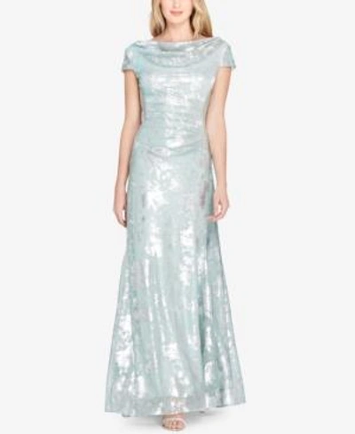 Tahari Asl Cowl-neck Metallic Cap-sleeve Gown In Sage/silver