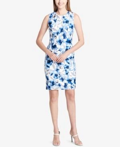 Calvin Klein Printed Sheath Dress In Regatta Blue/ice Blue
