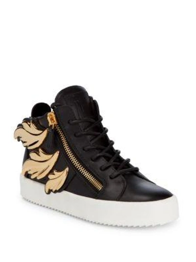 Giuseppe Zanotti Feather High-top Leather Sneakers In Black Gold