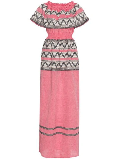 Celia Dragouni Off The Shoulder Embroidered Cotton Dress In Pink