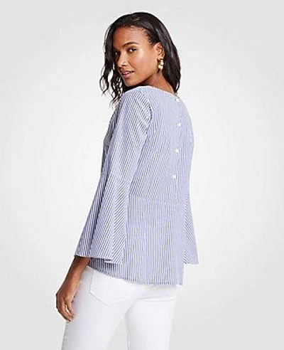 Ann Taylor Petite Stripe Poplin Fluted Sleeve Top In Blue Stripe