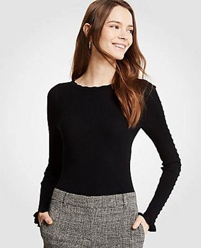 Ann Taylor Petite Ribbed Ruffle Cuff Sweater In Black