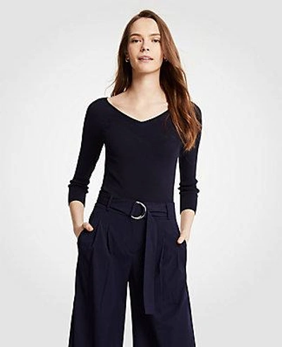 Ann Taylor Petite Ribbed Wide V-neck Sweater In Night Sky