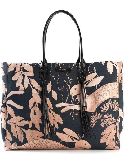 Lanvin Navy And Peach Bunny Print Canvas Large Tote Bag In Peach / Navy / Black