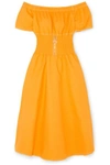 Maje Off-the-shoulder Shirred Cotton-blend Dress In Marigold