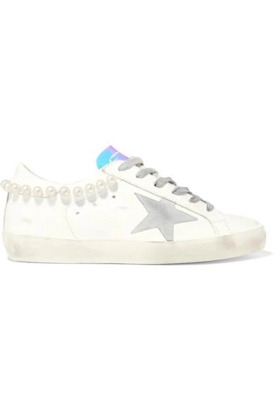 Golden Goose Superstar Embellished Distressed Leather Sneakers In White