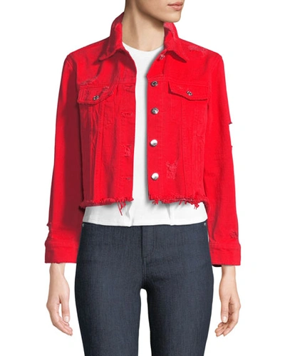 Veronica Beard Cara Cropped Distressed Jean Jacket In Red