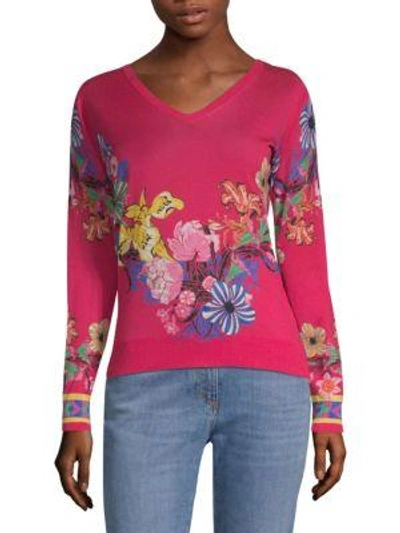 Etro V-neck Long-sleeve Floral-print Silk-cashmere Sweater In Pink