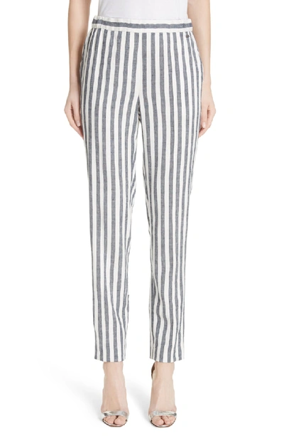 St John Stretch-linen Stripe Twill Cropped Pant In Navy/ Bianco