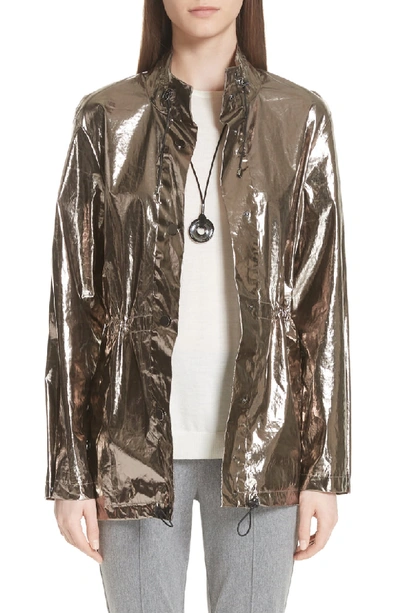 St John Laminated Metallic Funnel Neck Jacket In Pewter