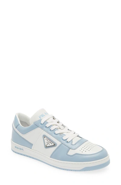 Prada Men's Downtown Logo Leather Low-top Sneakers In Bianco/ Celeste