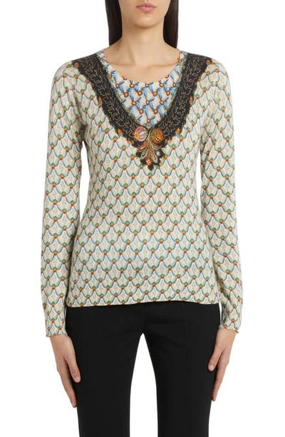 Etro Cashmere-blend Patterned Crewneck Top In Blue