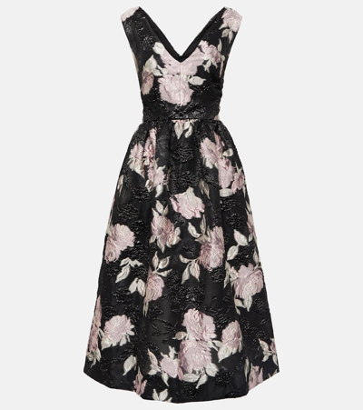 Monique Lhuillier Floral Jacquard Cocktail Midi Dress In Noirpale Blush