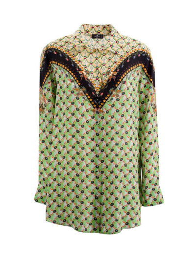 Etro Micro Floral-print Silk Button-front Shirt In Green