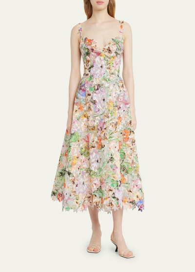 Monique Lhuillier Floral Lace Flared Midi Dress In Multicoloured