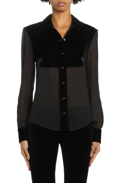 Tom Ford Georgette Semi-sheer Button-front Shirt With Velour Details In Nero